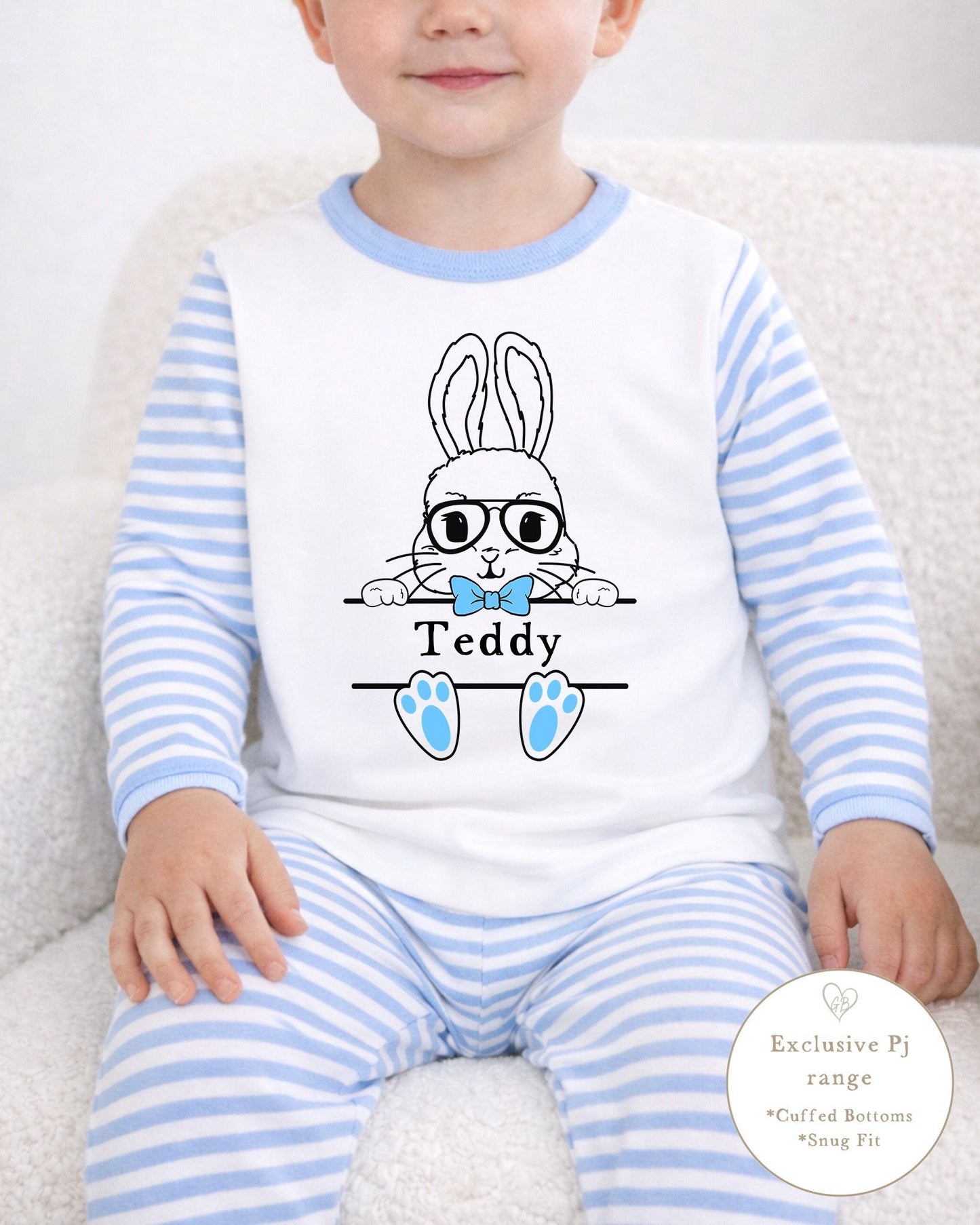 Personalised Blue Stripe Easter Pyjamas - Cartoon Bunny Design