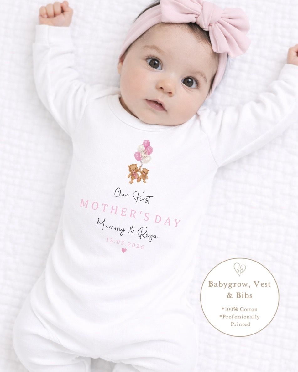Personalised My First Mother's Day Babygrow / Short Sleeve Vest - Pink Bear Balloons Design