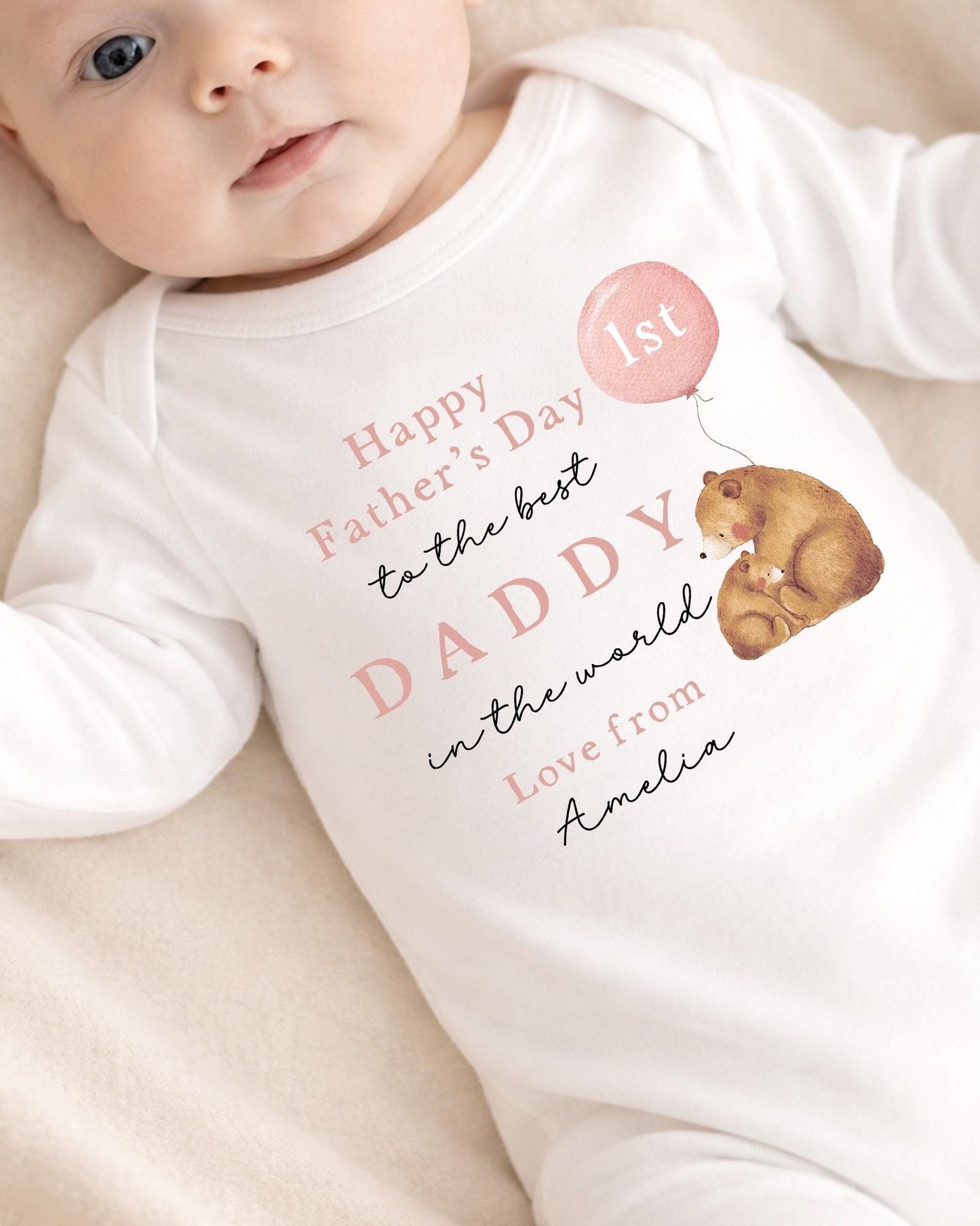 Personalised My First Father's Day Baby Vest / Babygrow - Pink Bear Balloon Design