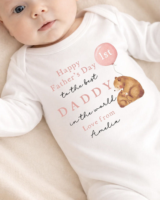 Personalised My First Father's Day Baby Vest / Babygrow - Pink Bear Balloon Design
