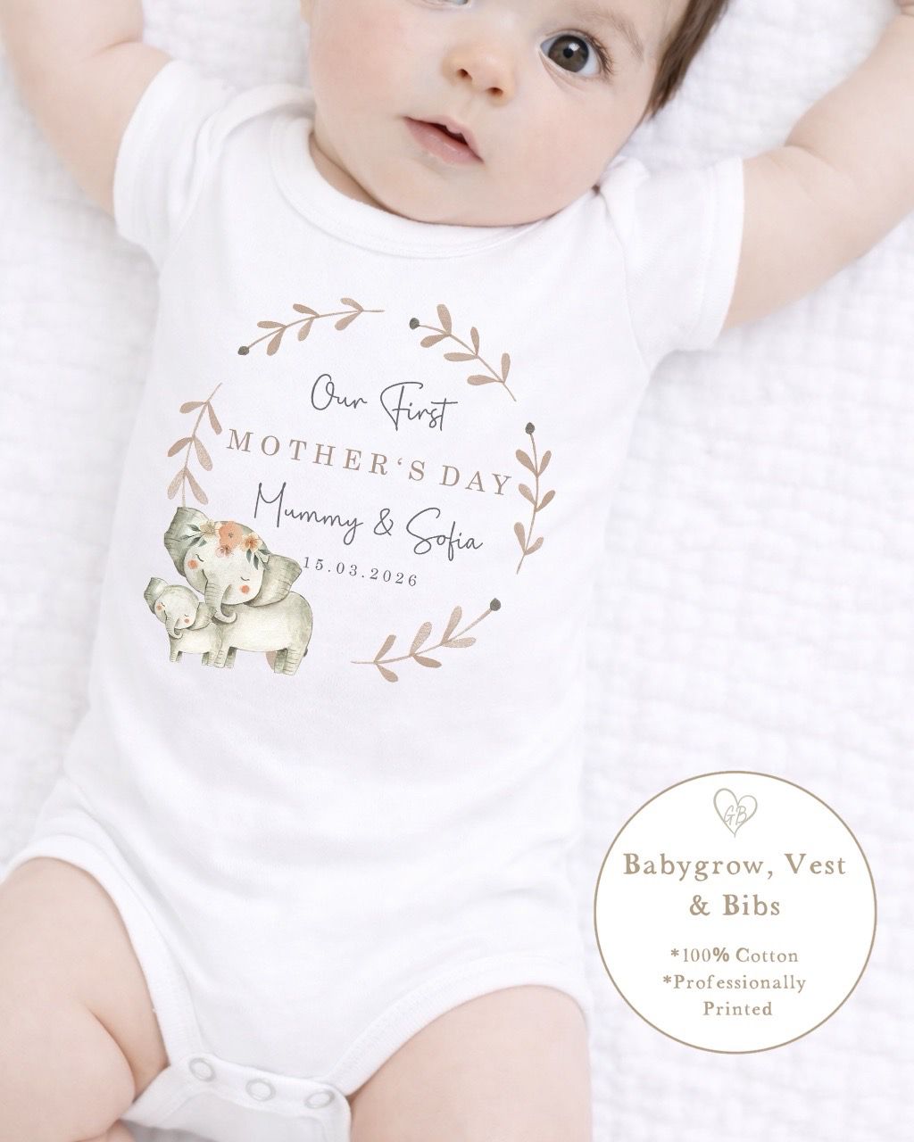 Personalised My First Mother's Day Babygrow / Short Sleeve Vest - Elephant Wreath Design