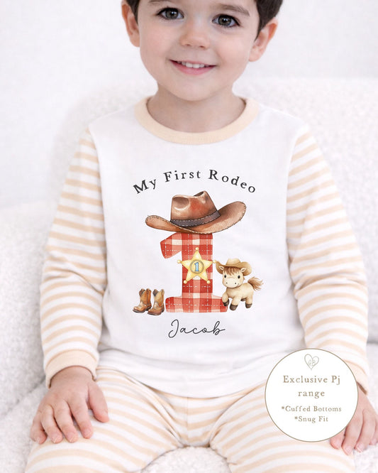 Personalised Beige Stripe Birthday Pyjamas - Rodeo Design