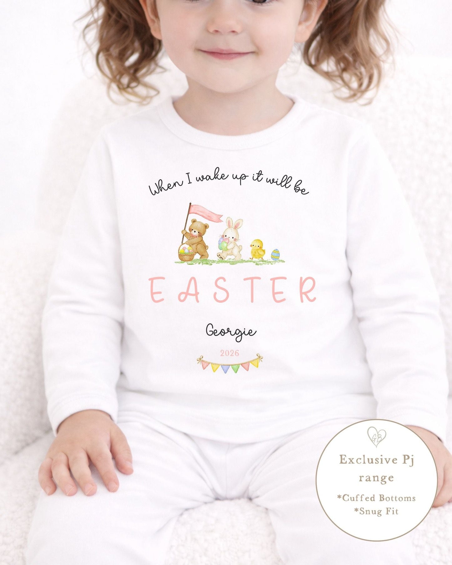 Personalised Plain White Easter Pyjamas - Pink Easter Parade Initial Design