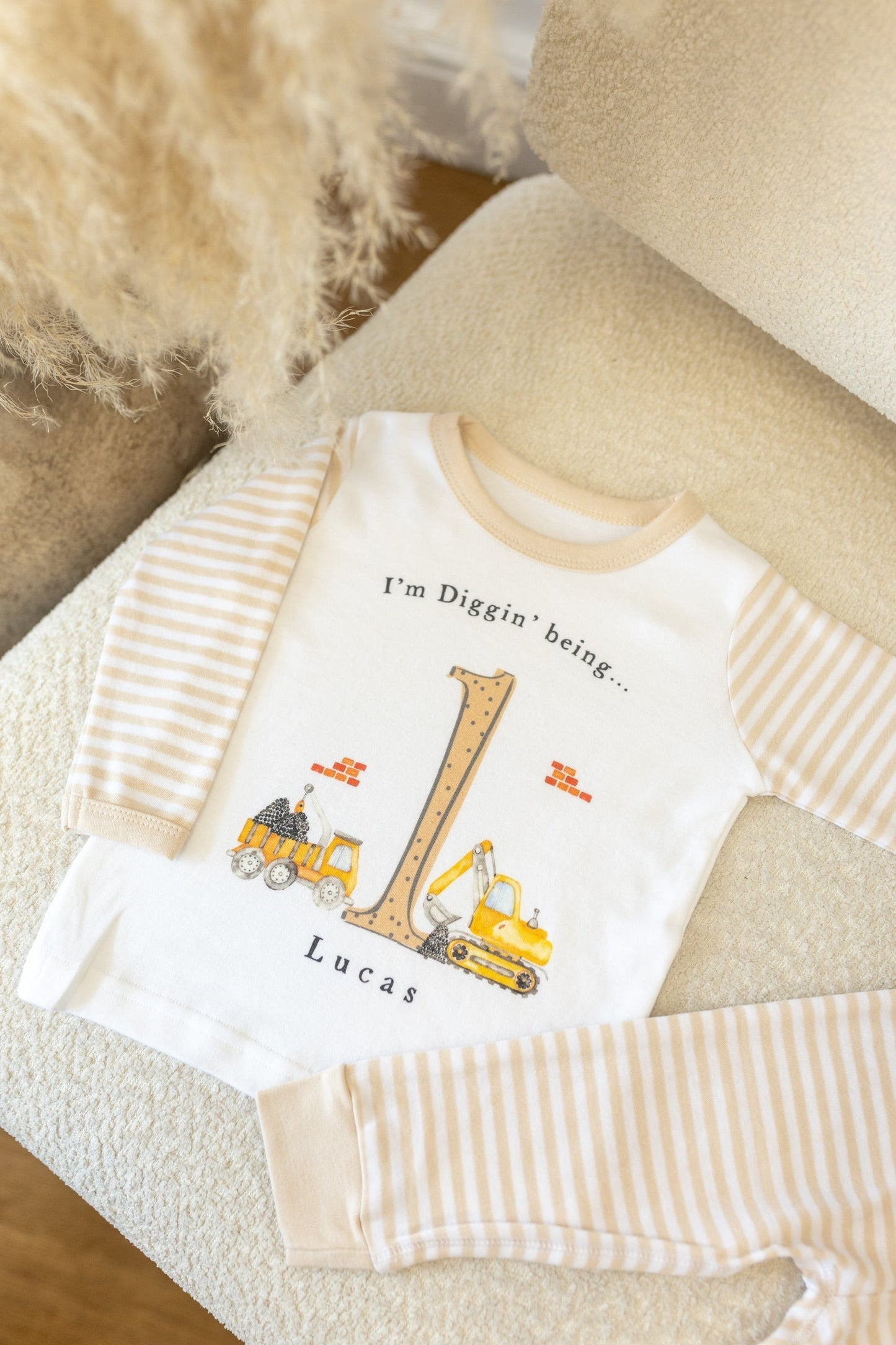 Personalised Stripe Birthday Pyjamas Digger Design