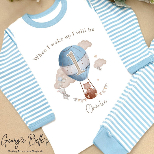 Personalised Blue Stripe Birthday Pyjamas - Blue Hot Air Balloon Design