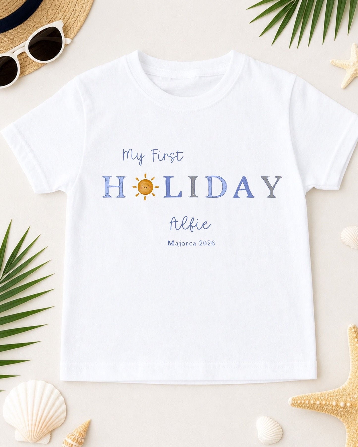 Personalised Kids My First Holiday T-Shirt - Blue Sun Design