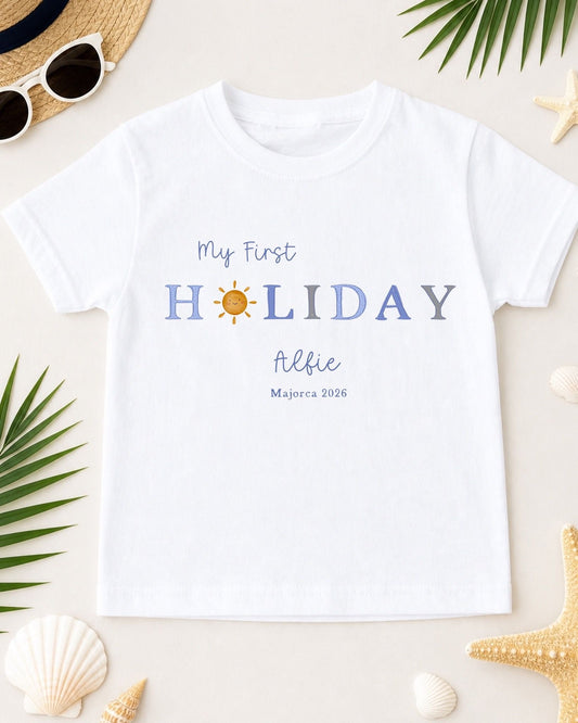 Personalised Kids My First Holiday T-Shirt - Blue Sun Design