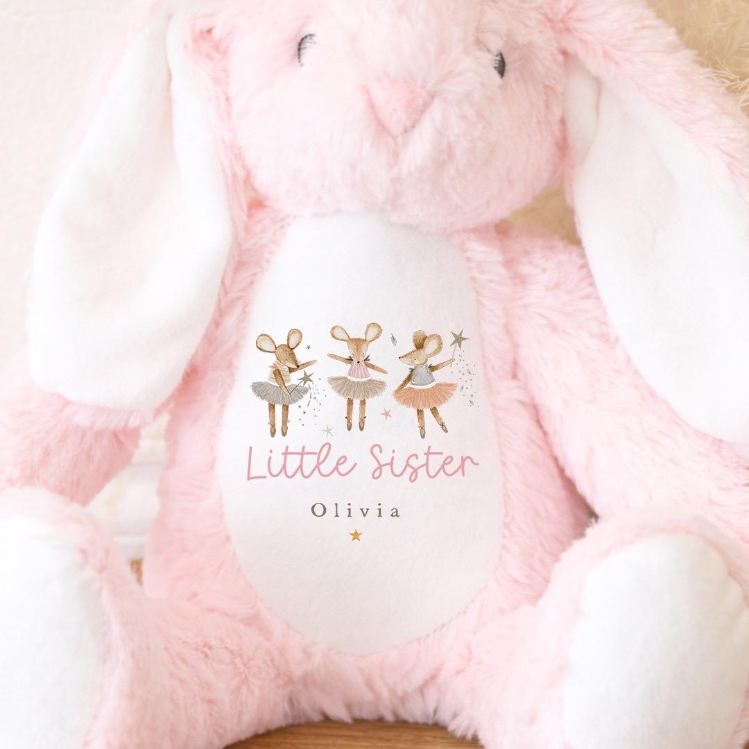 Personalised Little Sister Bunny Soft Toy | Custom Bunny Gift | Mice Trio Design