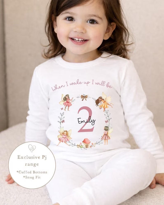 Personalised Plain Birthday Pyjamas Fairy Wreath Design in White