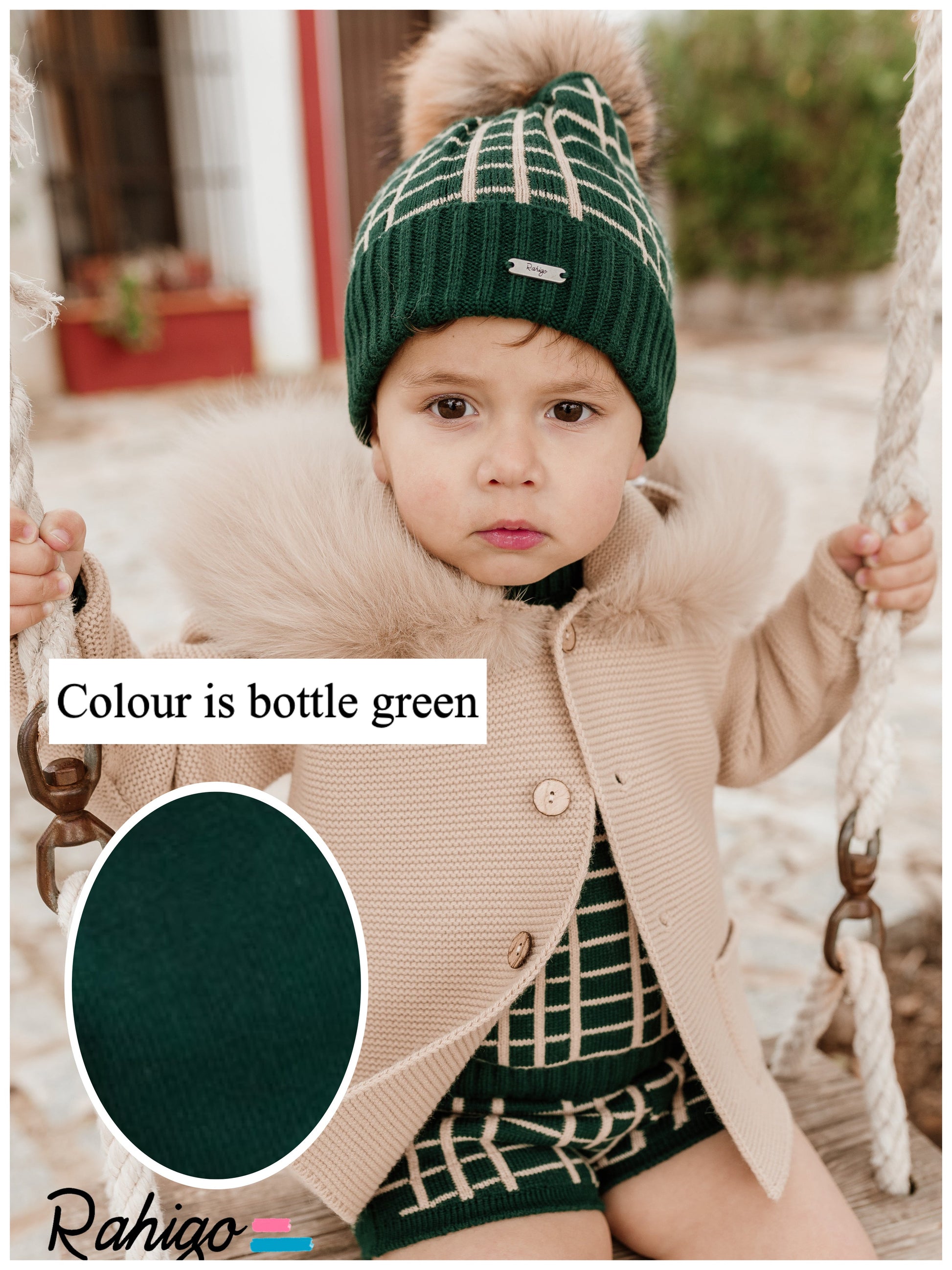 Rahigo bottle green knitted cardigan with fur hood - Rose & Albert