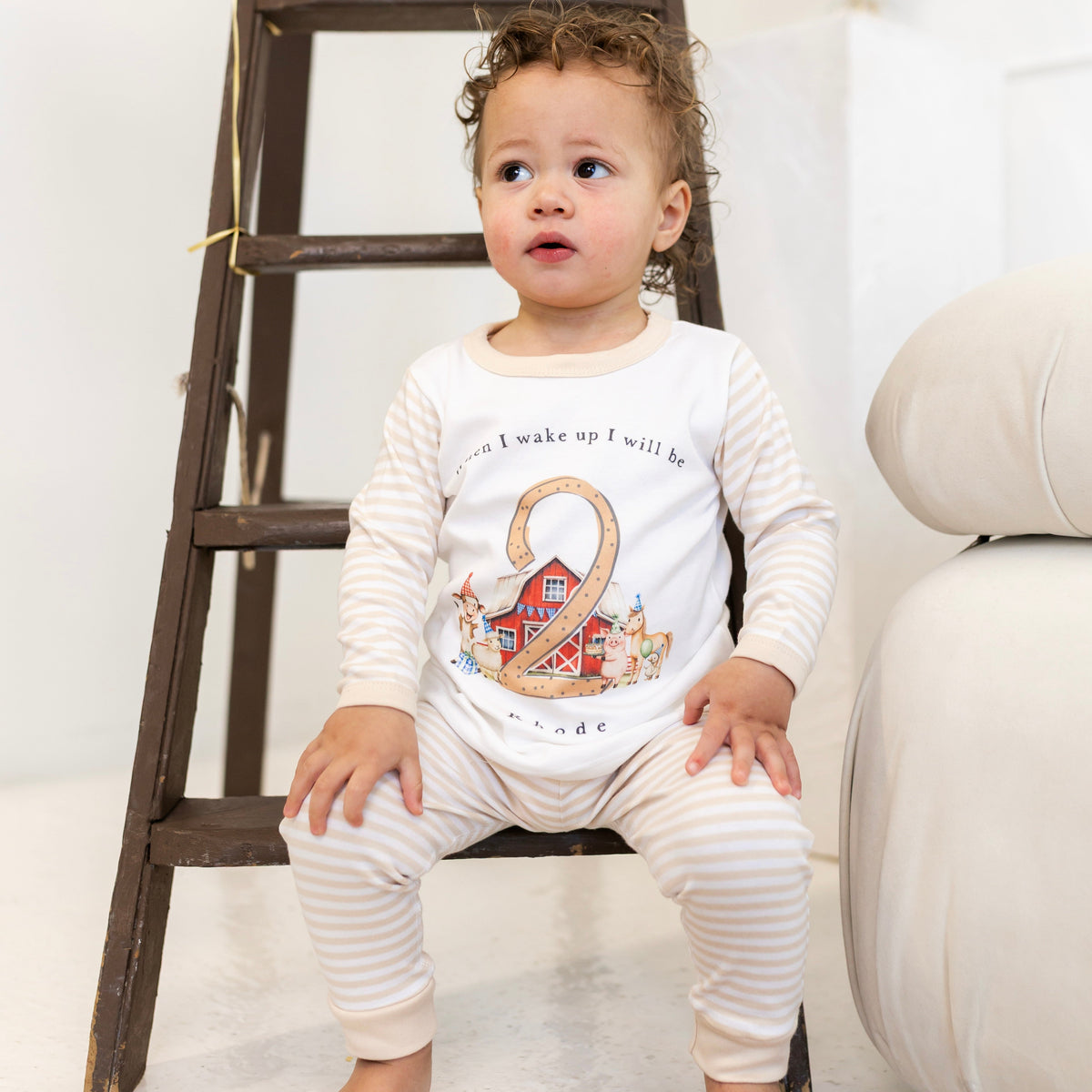 Personalised Beige Stripe Birthday Pyjamas - Farm Design