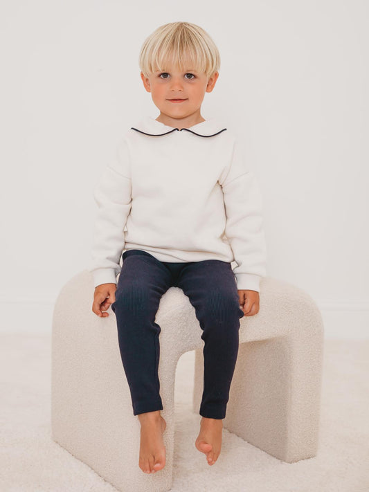 'Ari' Ivory peter pan collar sweatshirt & navy ribbed legging set - Rose & Albert