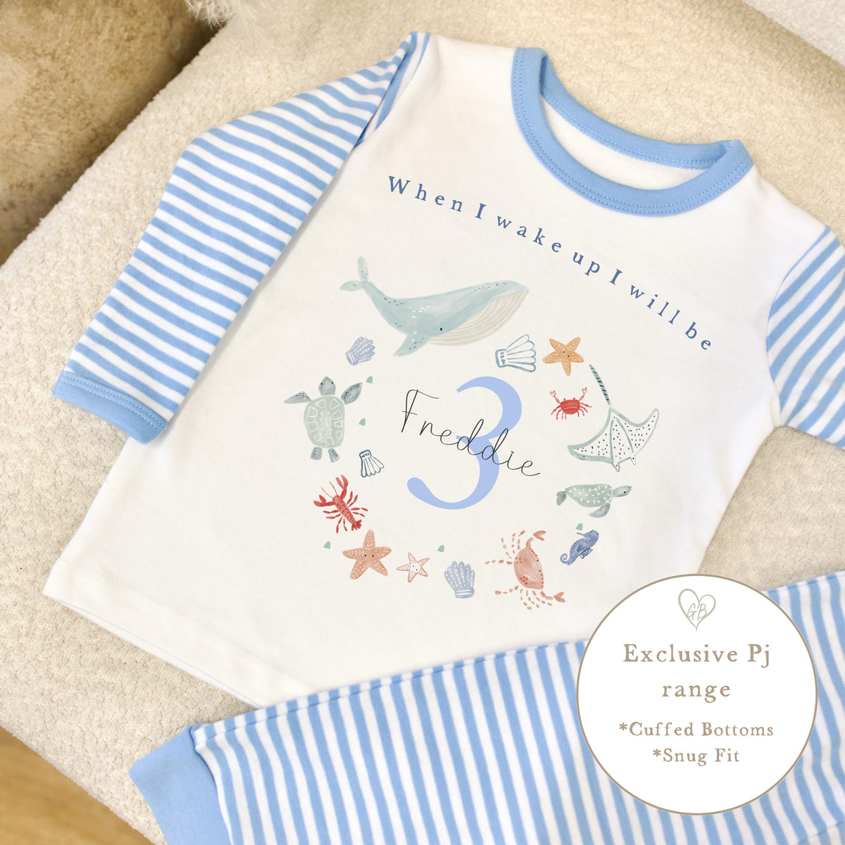Blue & White Striped Personalised Birthday Pyjamas - Blue Sea Animal Wreath Design