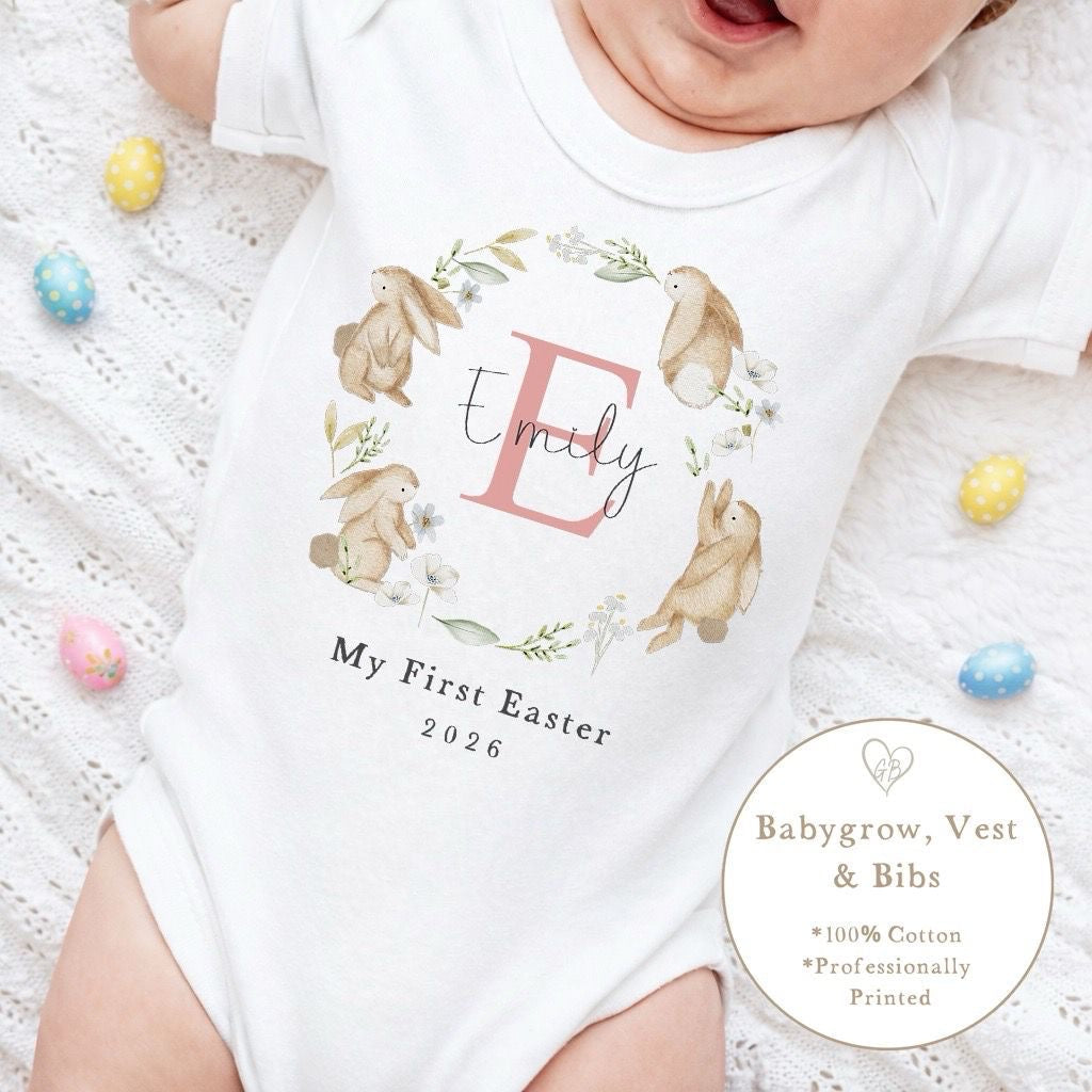 Personalised My First Easter Babygrow / Vest - Pink Wreath initial Design