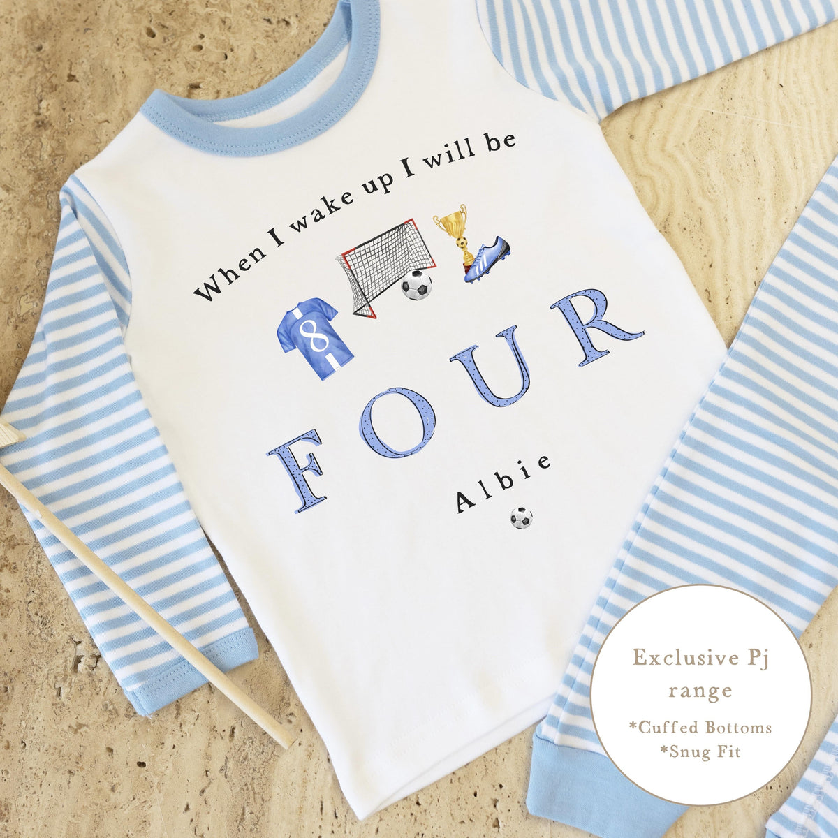 Blue & White Striped Personalised Birthday Pyjamas - Blue Football Design