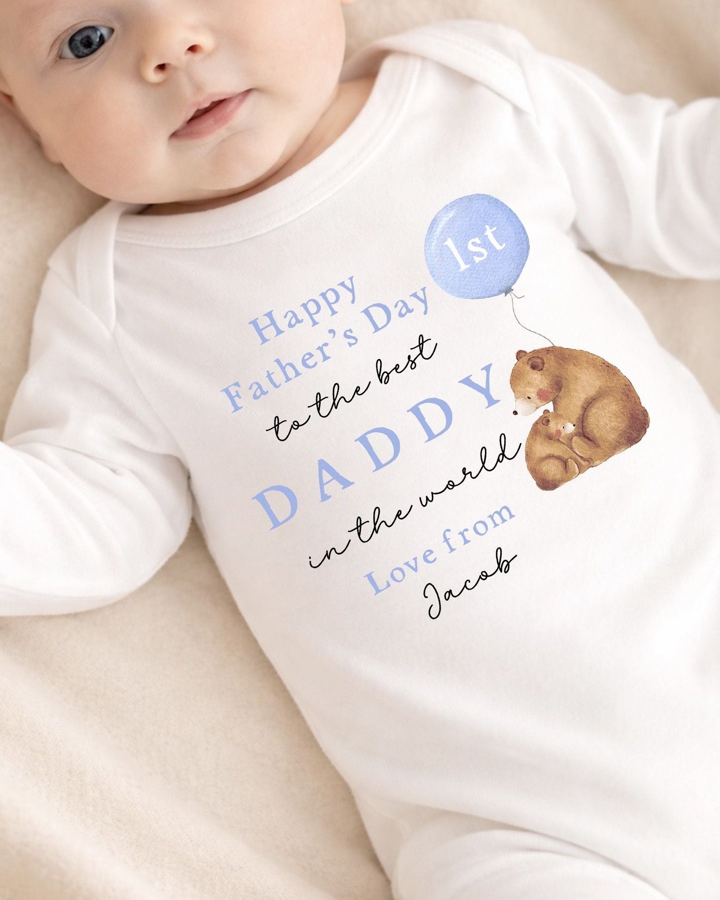 Personalised My First Father's Day Baby Vest / Babygrow - Blue Bear Balloon Design