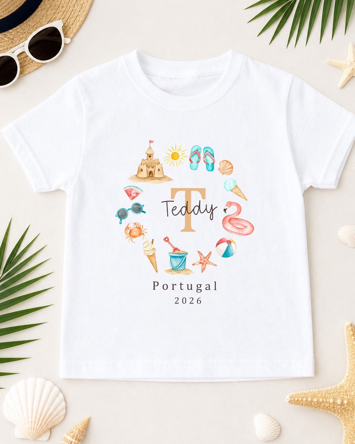 Personalised Kids Holiday T-Shirt - Beach Initial Wreath Design