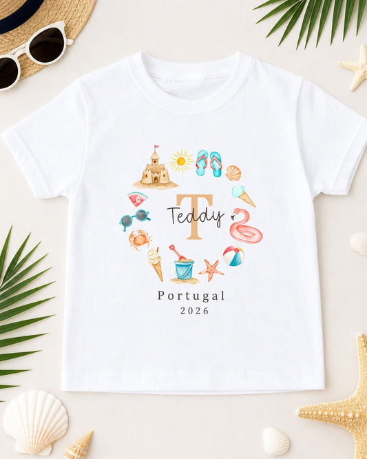 Personalised Kids Holiday T-Shirt - Beach Initial Wreath Design