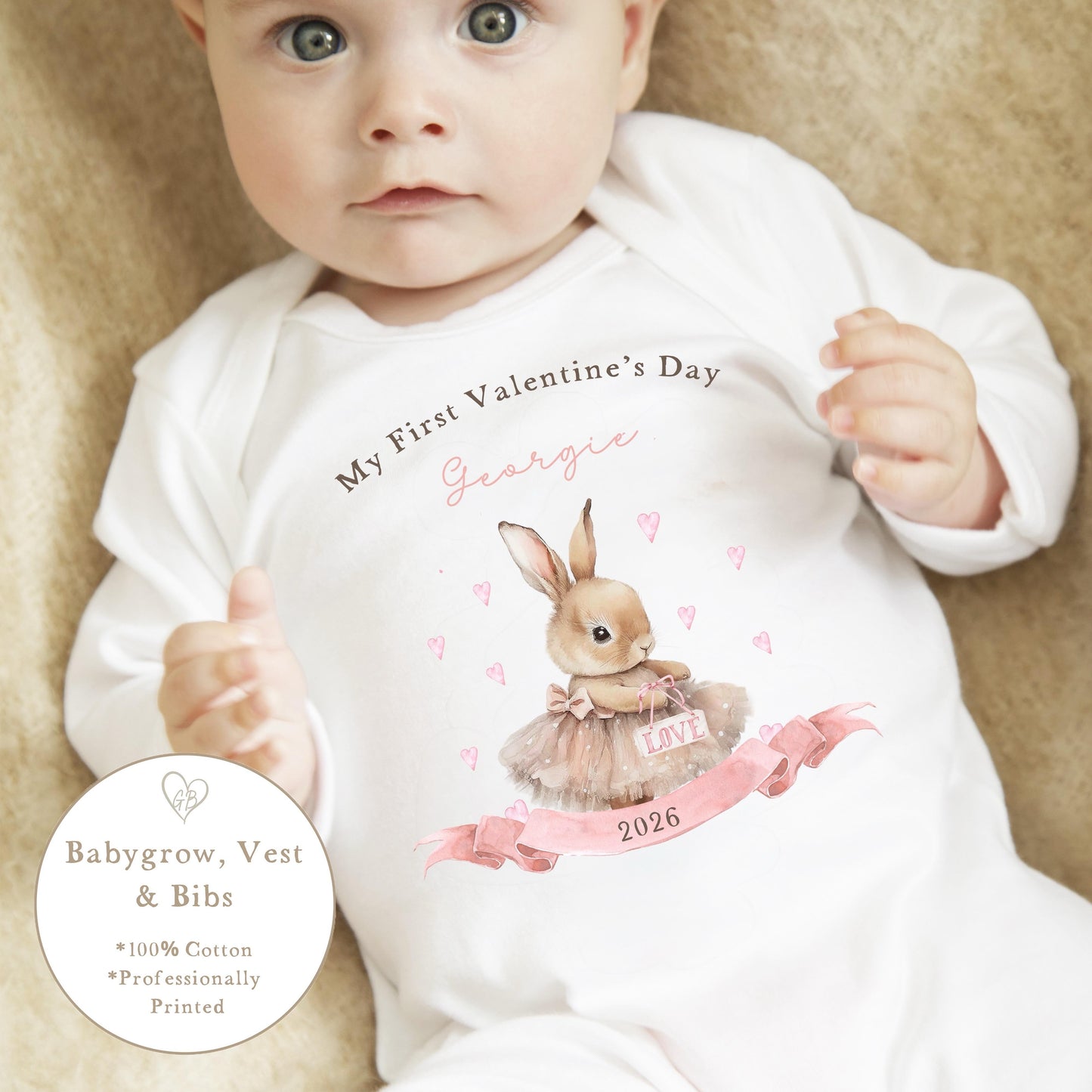 Personalised Valentine's Sleepsuit / Bodysuit - My First Valentine Pink Bunny Design