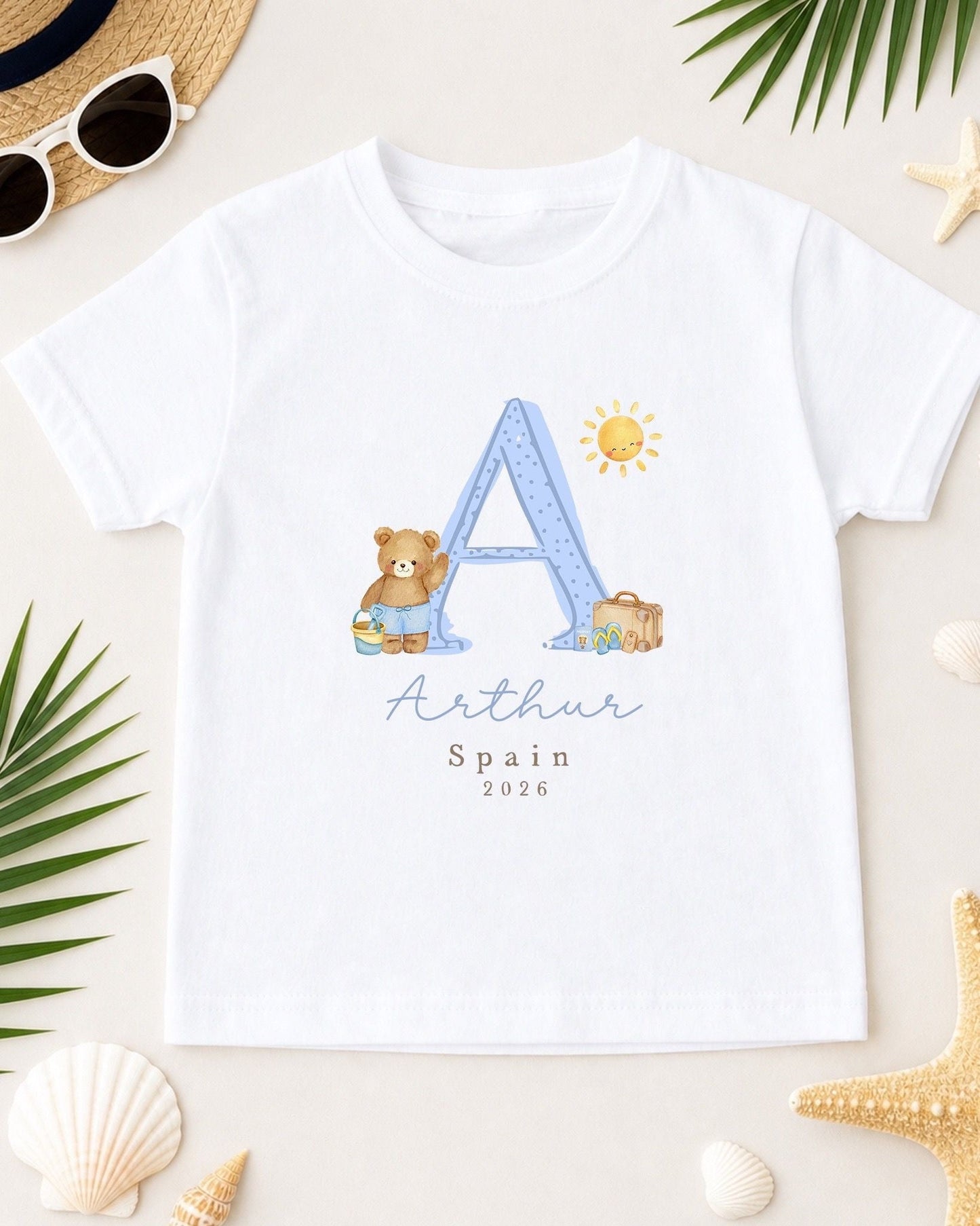 Personalised Kids Holiday T-Shirt - Blue Bear Initial Design