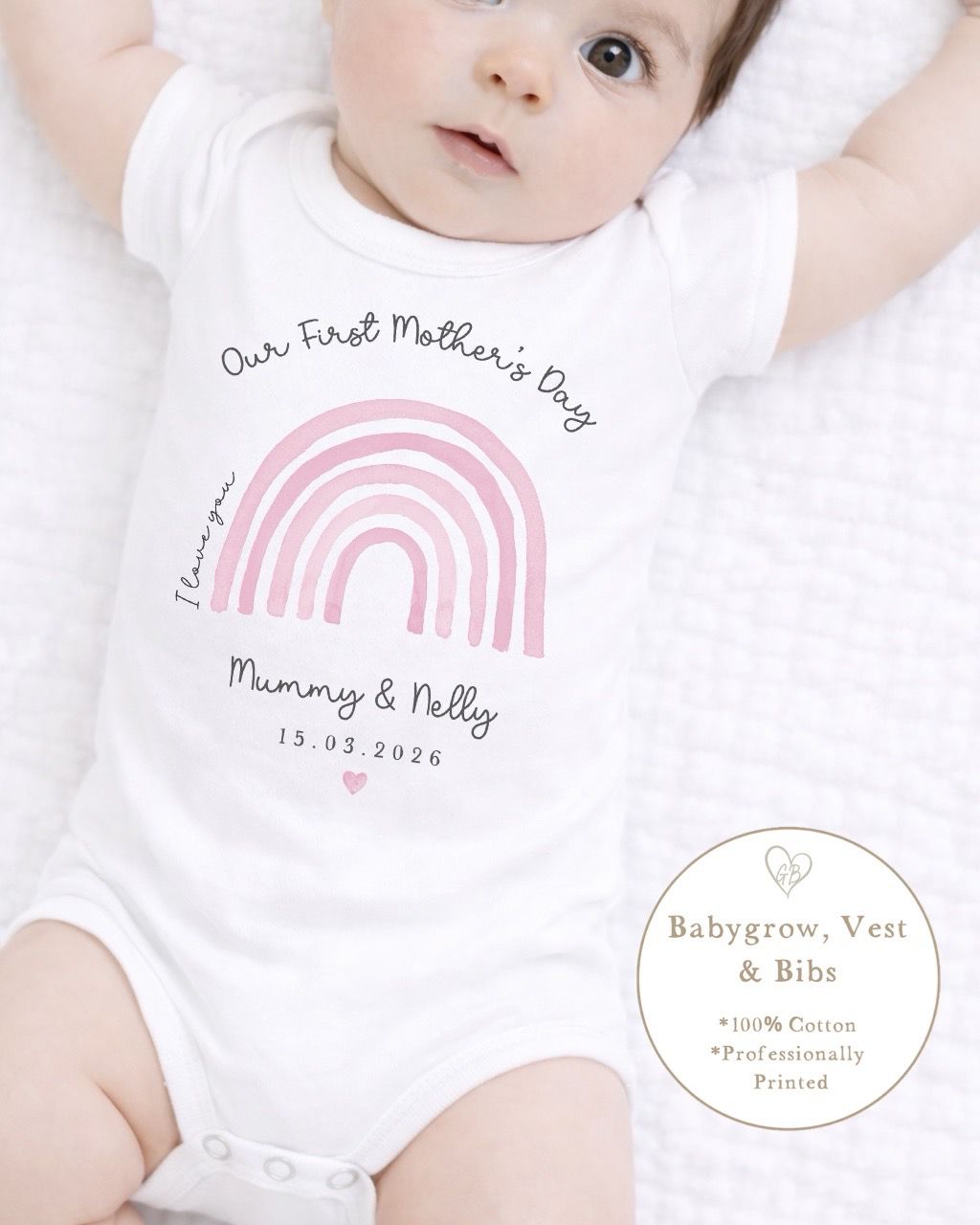 Personalised My First Mother's Day Babygrow / Short Sleeve Vest - Pink Rainbow Design