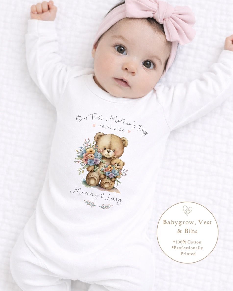 Personalised My First Mother's Day Babygrow / Short Sleeve Vest - Bear Bouquet Design