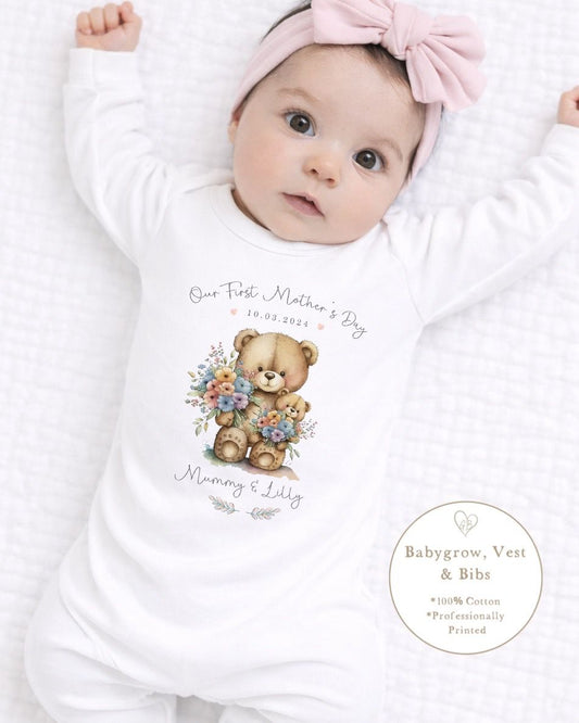 Personalised My First Mother's Day Babygrow / Short Sleeve Vest - Bear Bouquet Design