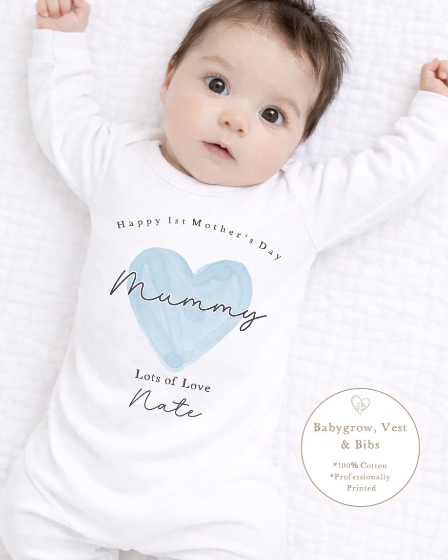 Personalised My First Mother's Day Babygrow / Short Sleeve Vest - Blue Heart Design