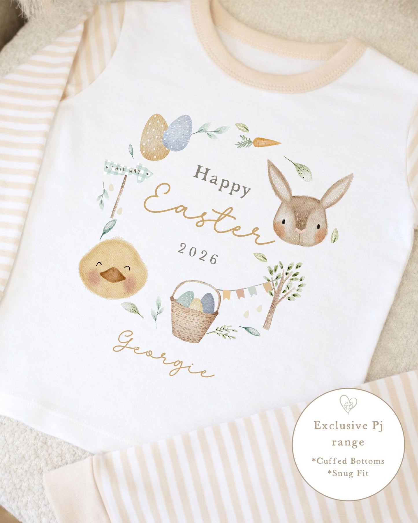 Personalised Beige Stripe Easter Pyjamas - Nude Easter Wreath Design