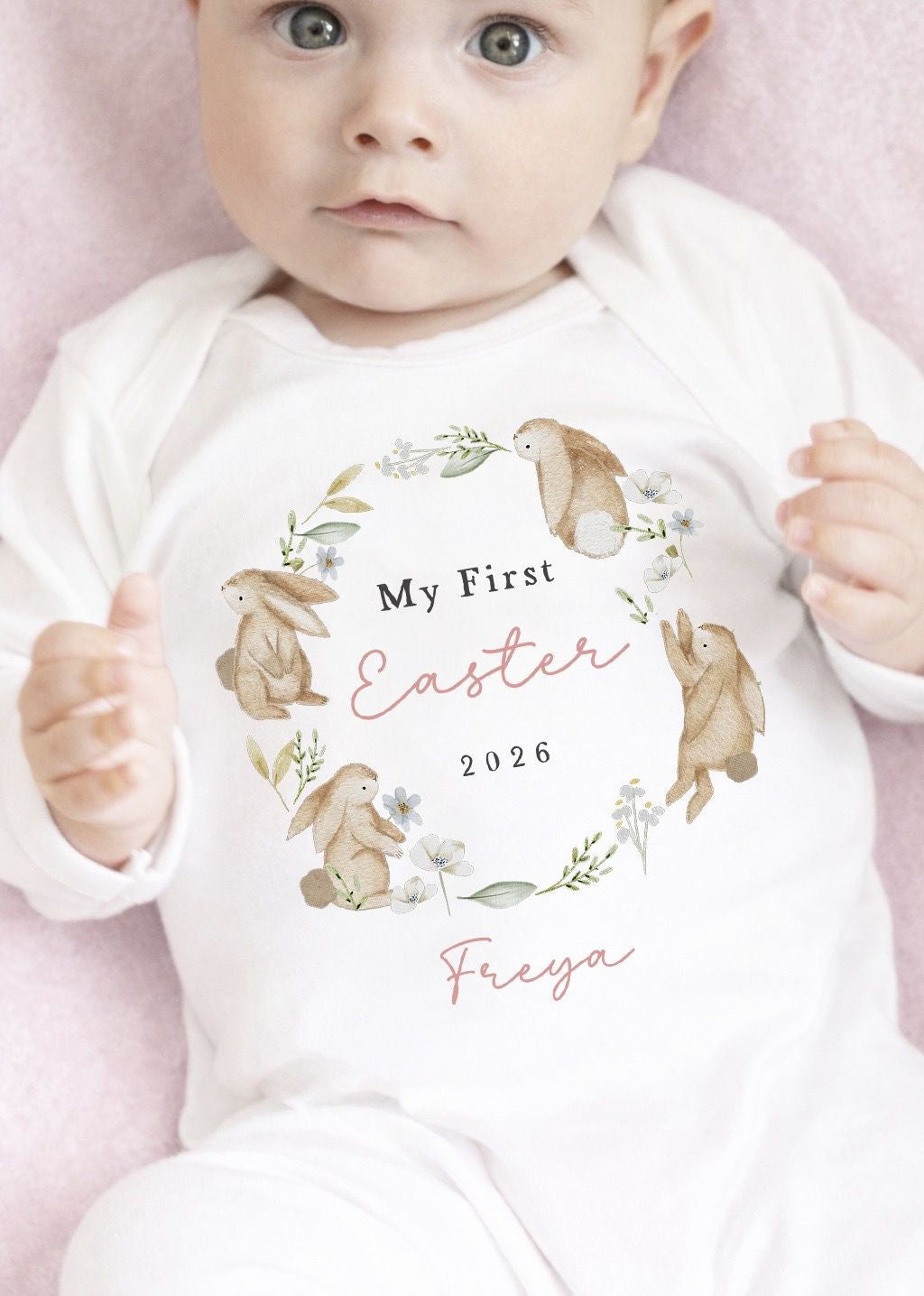 Personalised My First Easter Babygrow / Vest - Pink Rabbit Wreath Design