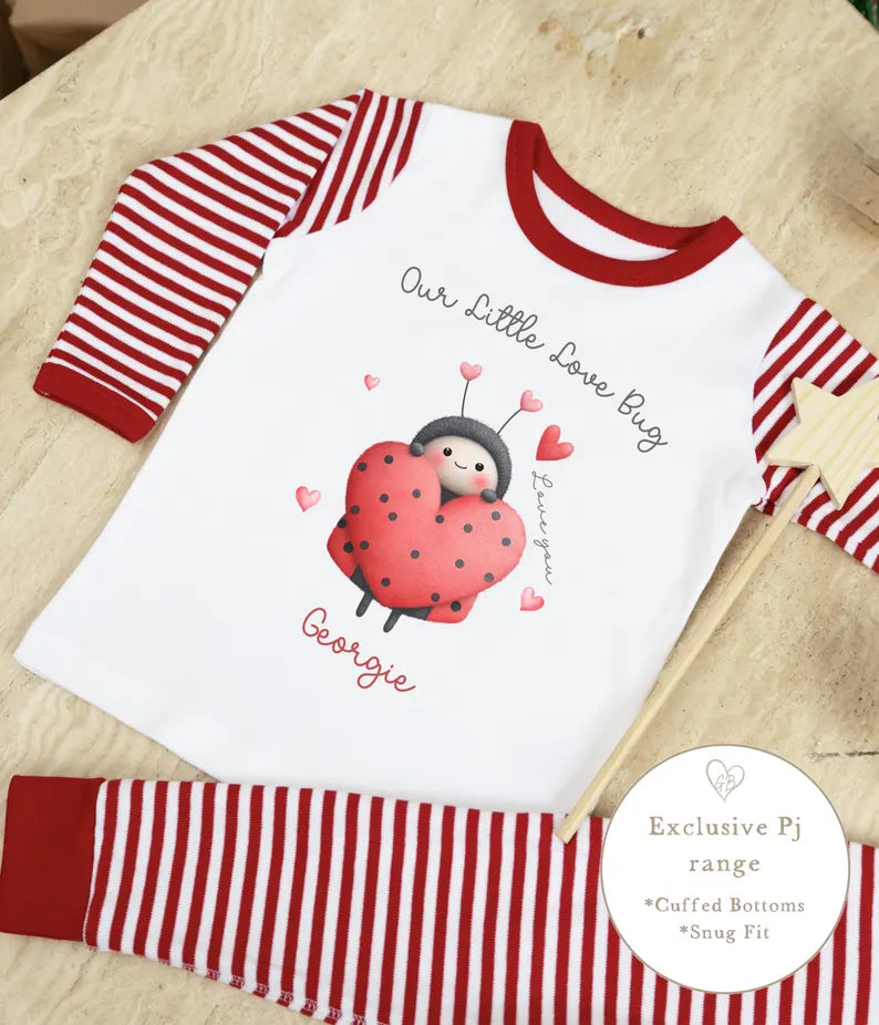 Personalised Red Stripe Valentines Pyjamas - Love Bug Design