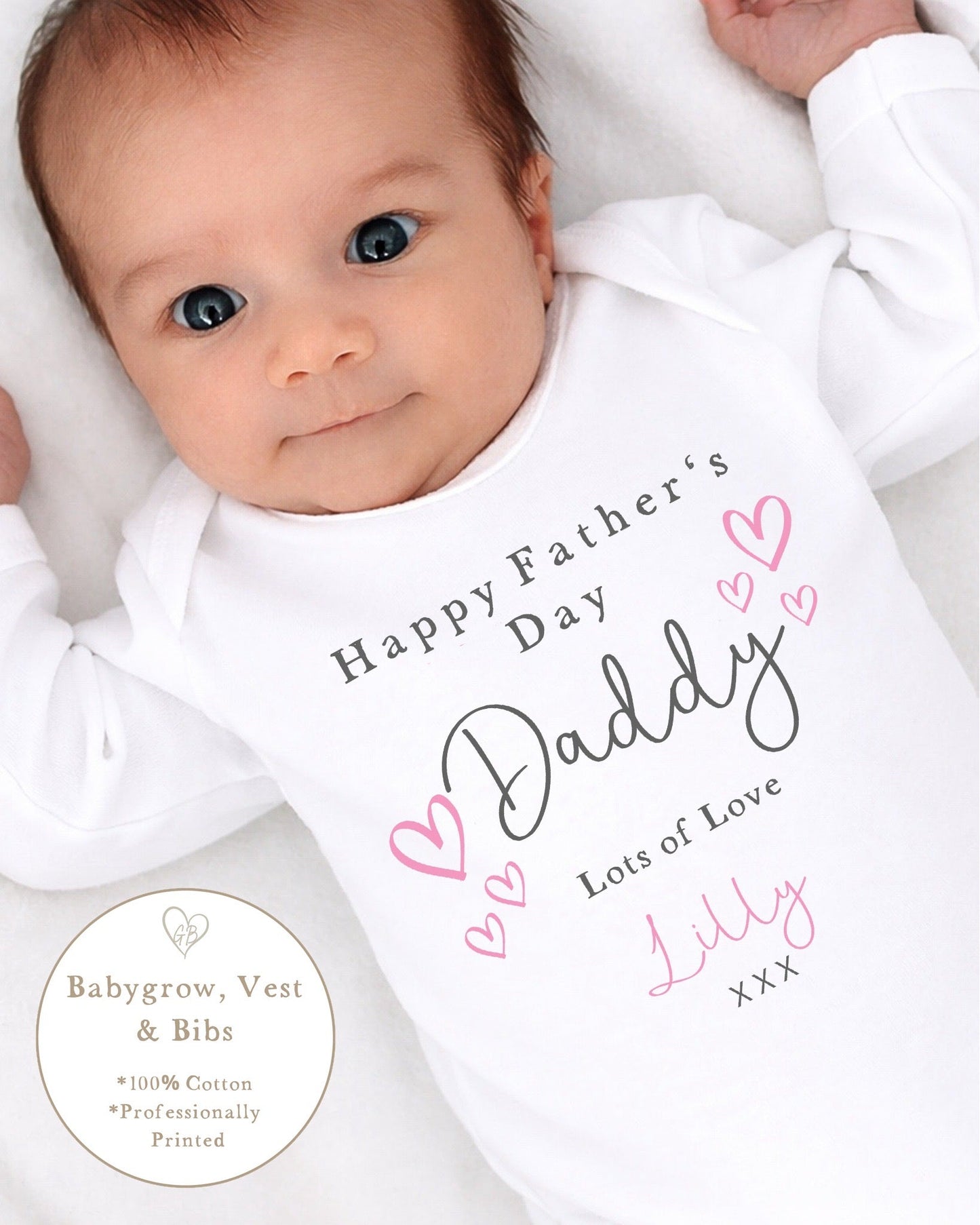 Personalised My First Father's Day Baby Vest / Babygrow - Pink Hearts Design