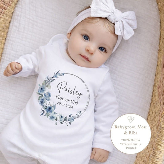 Personalised Flower Girl Babygrow / Short Sleeve Vest Dusky Wreath Design in Blue