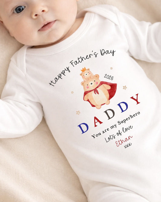 Personalised My First Father's Day Baby Vest / Babygrow - Super Bear Design