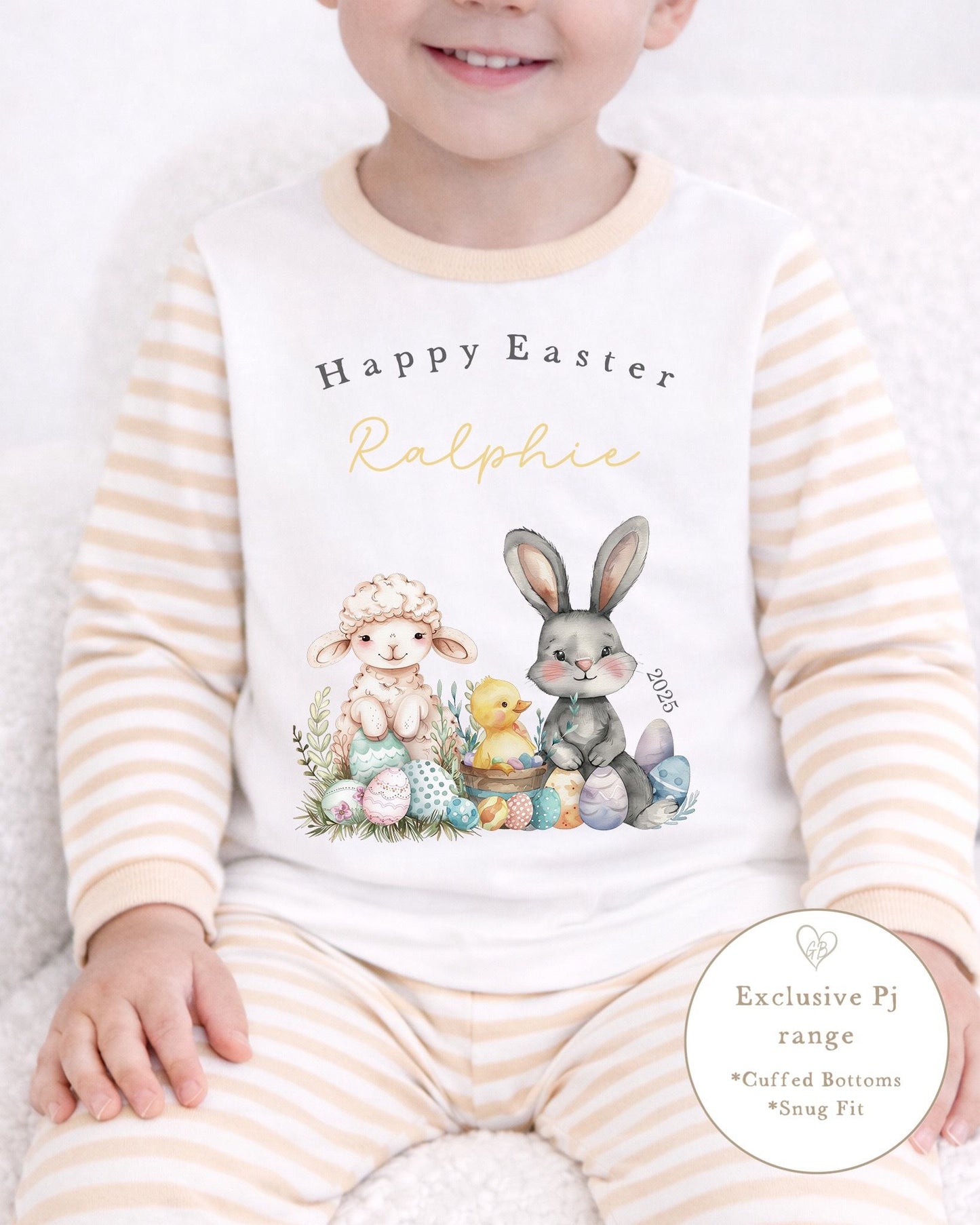 Personalised Beige Stripe Easter Pyjamas - Easter Scene Design
