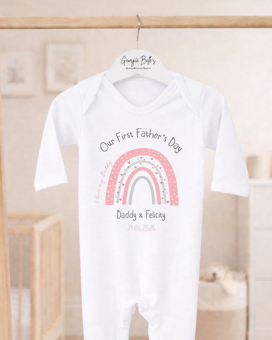 Personalised My First Father's Day Baby Vest / Babygrow - Pink Rainbow Design
