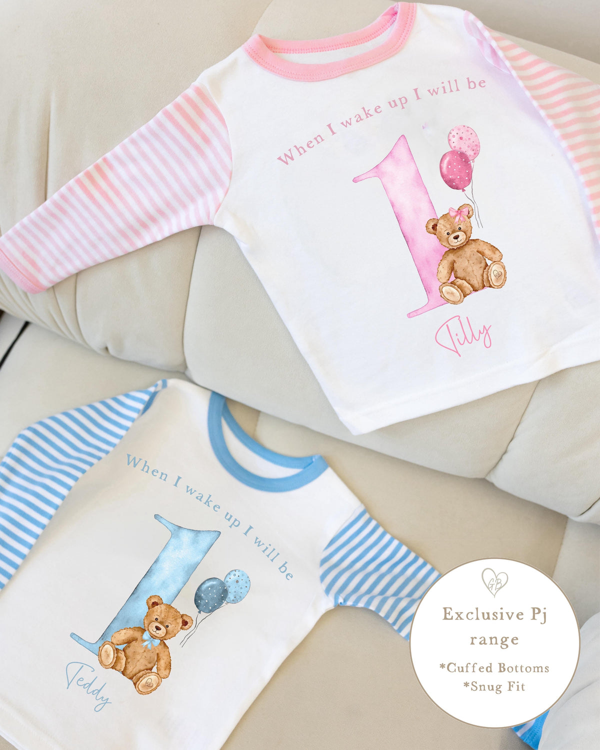 Pink & White Striped Personalised Birthday Pyjamas - Pink Bear Design