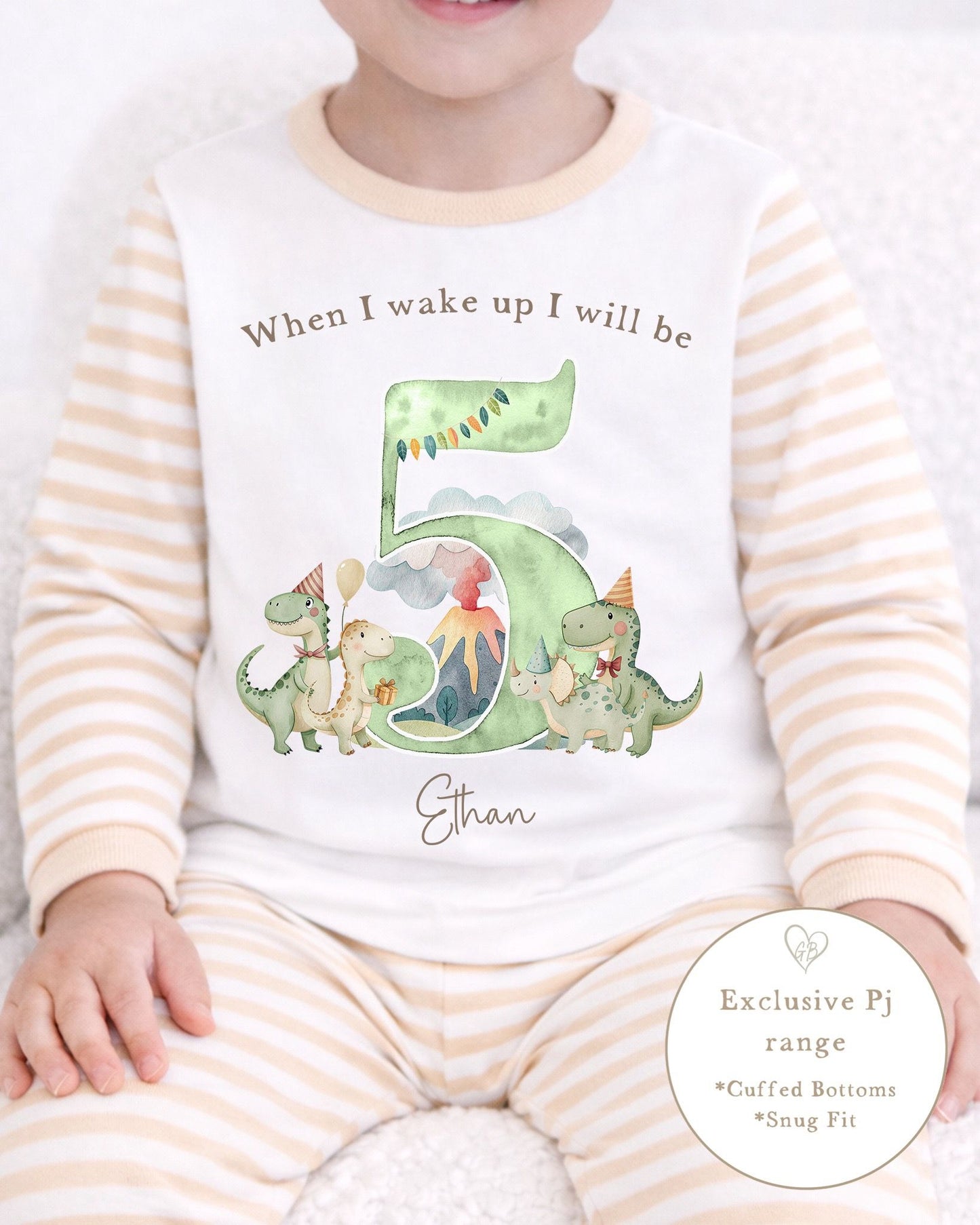 Personalised Stripe Birthday Pyjamas Dinosaur Number Design