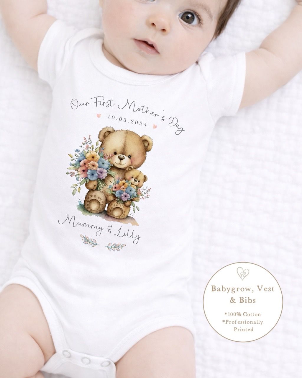 Personalised My First Mother's Day Babygrow / Short Sleeve Vest - Bear Bouquet Design