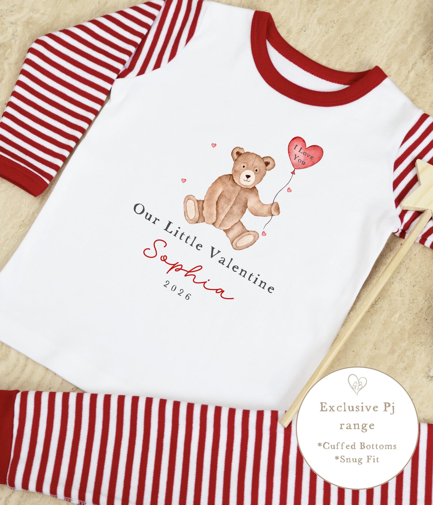 Personalised Red Stripe Valentines Pyjamas - Bear Design