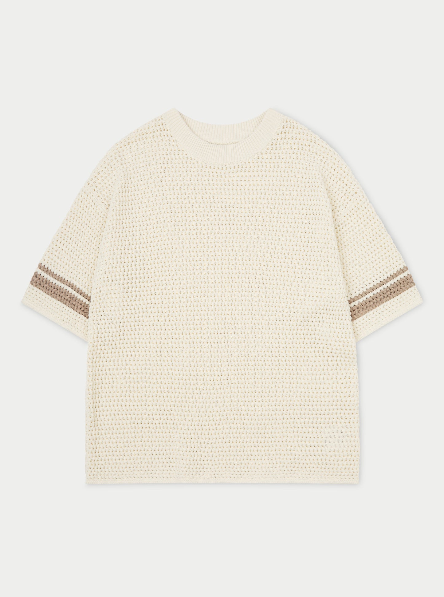 CROCHET KNITTED CONTRAST STRIPE T-SHIRT - OFF WHITE