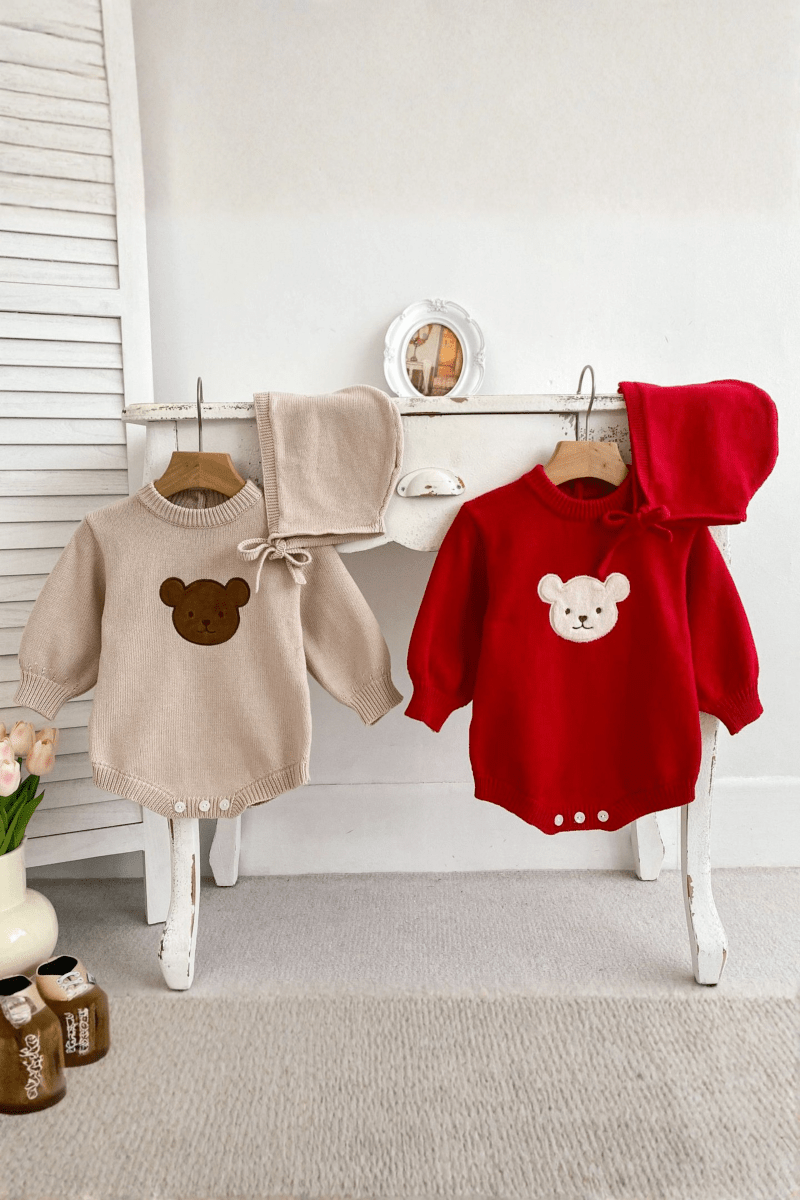 Winter Bear Knitted Bodysuit Red or Beige - Cozy Crew Club