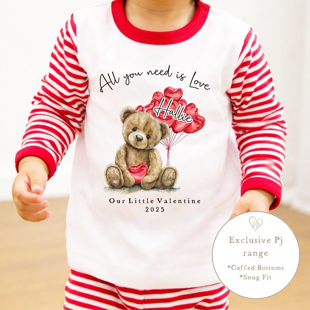 Personalised Red Stripe Valentines Pyjamas - Bear Balloons Design