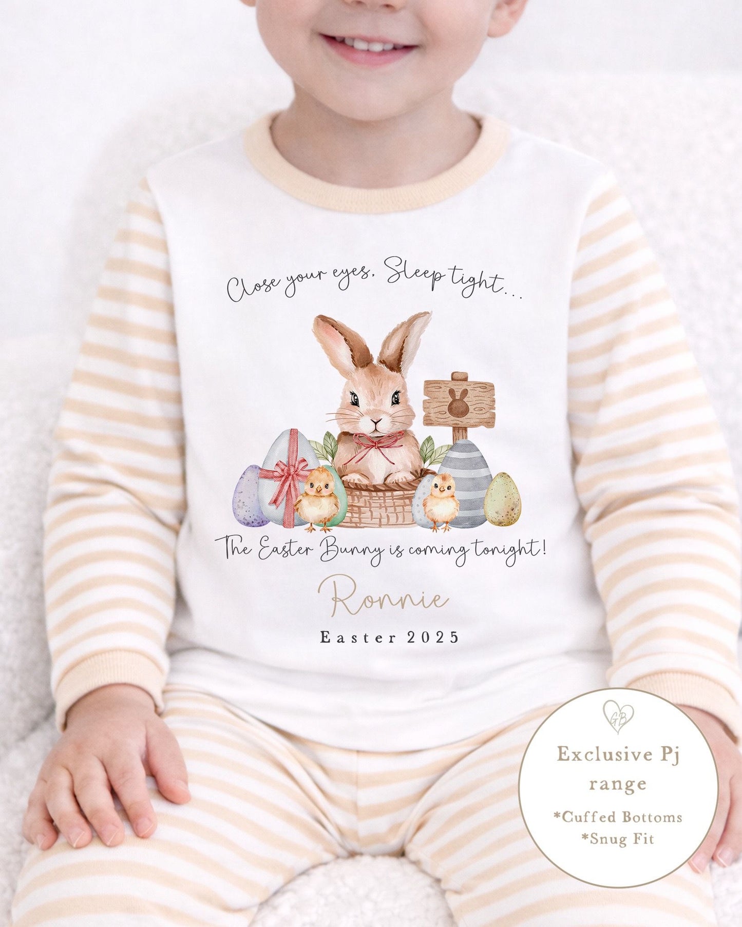 Personalised Beige Stripe Easter Pyjamas - Close Your Eyes Design