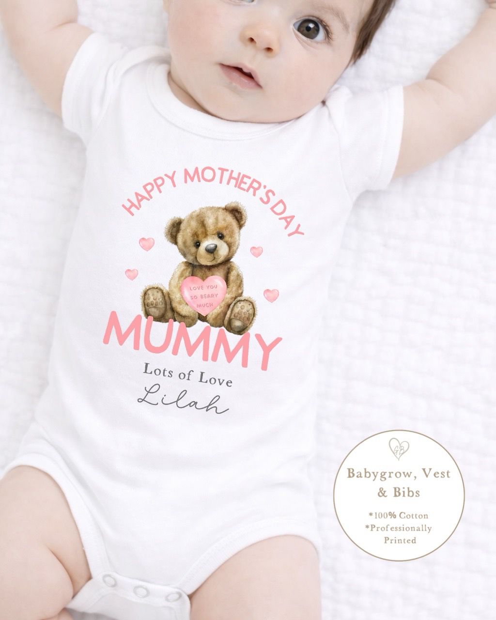 Personalised My First Mother's Day Babygrow / Short Sleeve Vest - Pink Bear Design