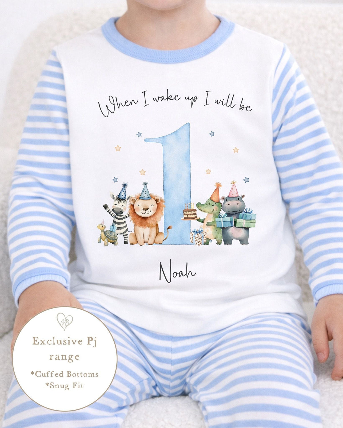 Personalised Blue Stripe Birthday Pyjamas - Safari Party Design