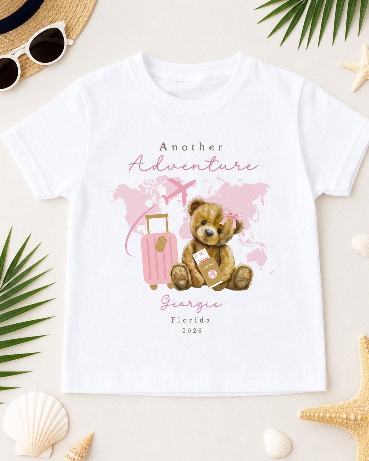 Personalised Kids Holiday T-Shirt - Another Adventure Pink Bear Design