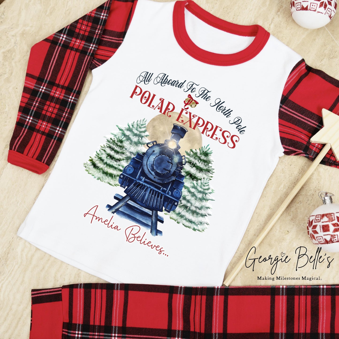 Tartan Family Matching Personalised Christmas Pyjamas - Polar Express Design