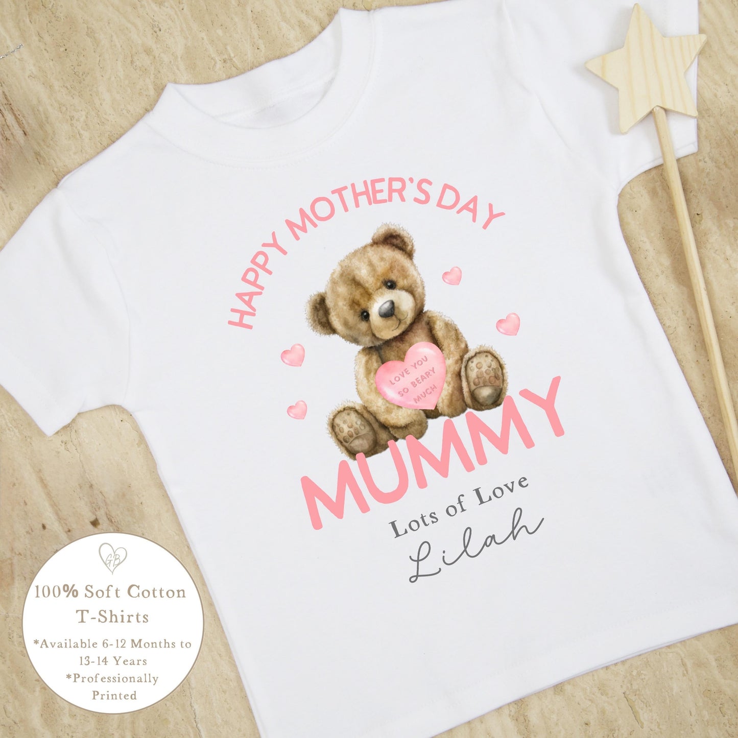 Personalised Mother's Day T-Shirt - Pink Bear Heart Design