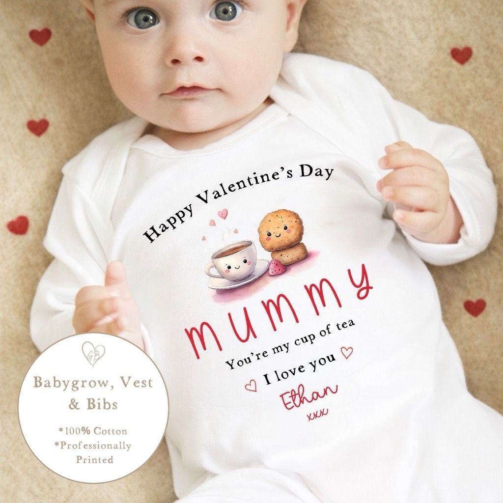 Personalised Valentine's Sleepsuit / Bodysuit - Cup of Tea Mummy Design